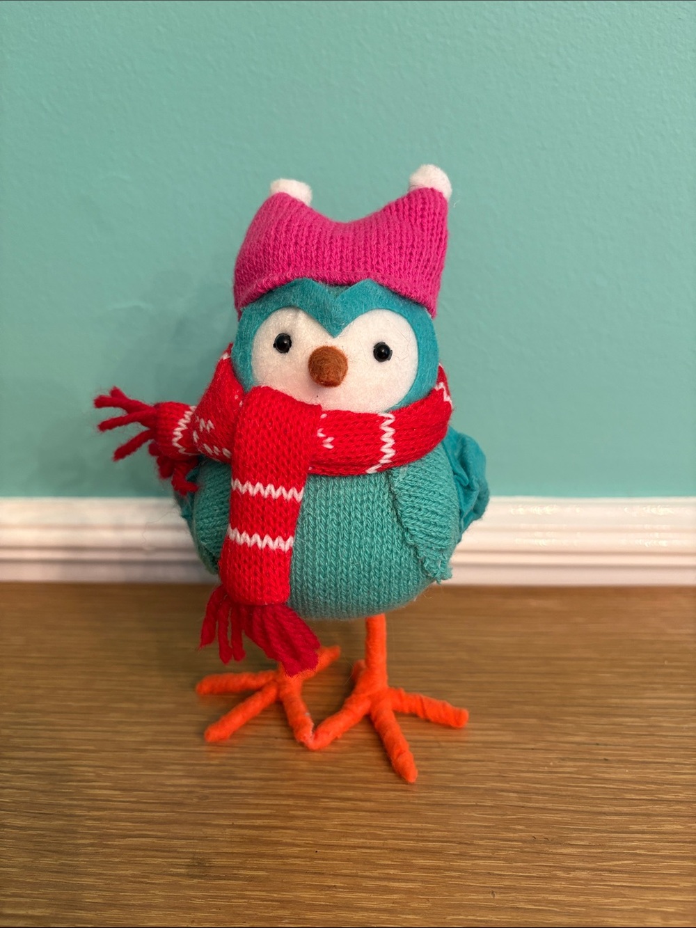 Decorative Teal Knit Bird Figure With Pink Hat and Scarf